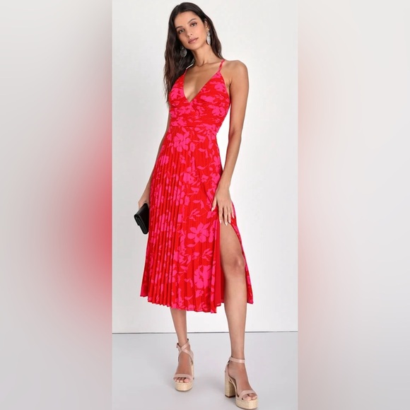 Lulu's Vibrant Moment Red and Pink Floral Pleated Lace-Up Midi Dress in Small - Picture 1 of 8